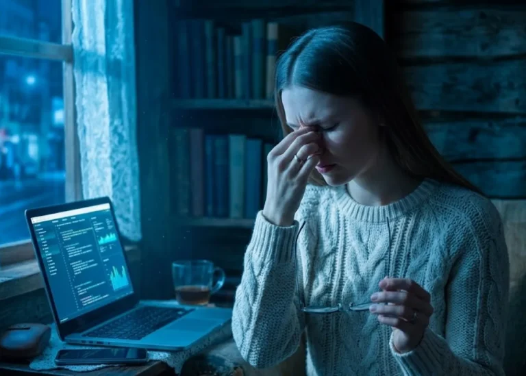 Donna stanca davanti al computer con sintomi di stress visivo digitale, pronta per le lenti protettive ZEISS BlueGuard.