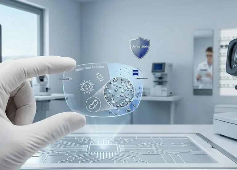 Lente per occhiali Zeiss DuraVision Antivirus tenuta in mano con guanto protettivo in un centro ottico.