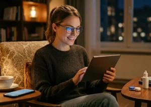 Donna che utilizza dispositivi digitali a fine giornata indossando occhiali con lenti Zeiss EnergizeME per il comfort visivo, con kit per lenti a contatto ben visibile sul tavolo.