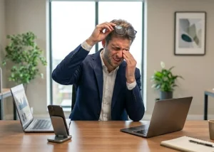 Professionista in ufficio che si strofina gli occhi per affaticamento visivo digitale, seduto alla scrivania con laptop e smartphone presso Ottica AP Film a Catanzaro Lido e Mesoraca.