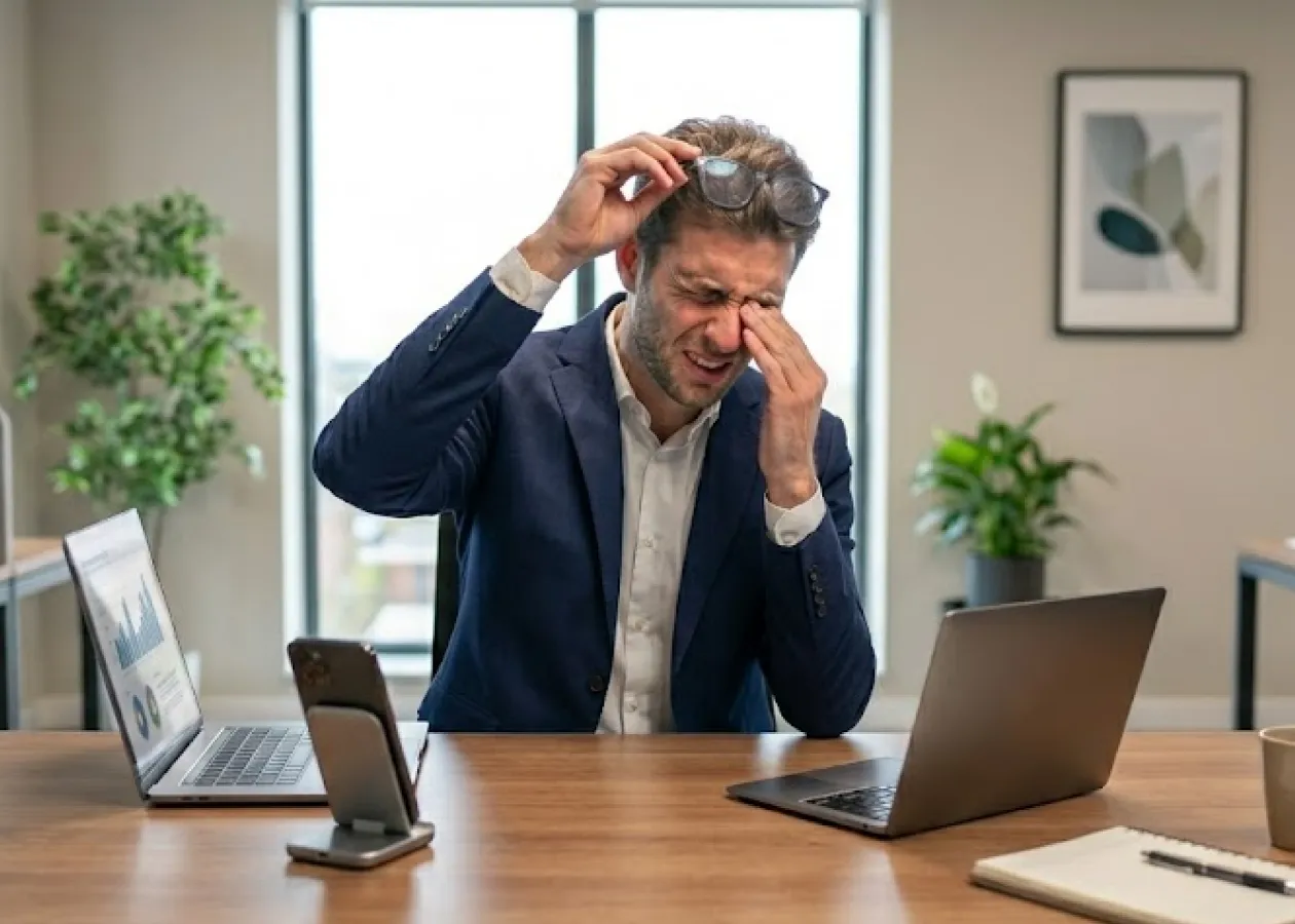Professionista in ufficio che si strofina gli occhi per affaticamento visivo digitale, seduto alla scrivania con laptop e smartphone presso Ottica AP Film a Catanzaro Lido e Mesoraca.