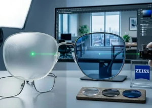 Dimostrazione tecnica dell'efficacia del trattamento ZEISS BlueProtect che filtra la luce blu, a confronto con una lente senza trattamento presso Ottica AP Film.