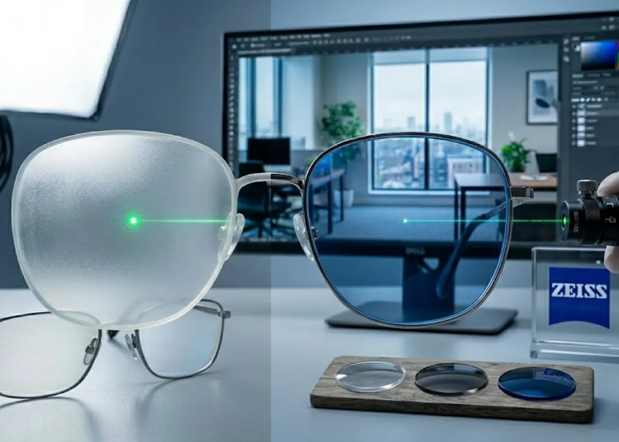 Dimostrazione tecnica dell'efficacia del trattamento ZEISS BlueProtect che filtra la luce blu, a confronto con una lente senza trattamento presso Ottica AP Film.