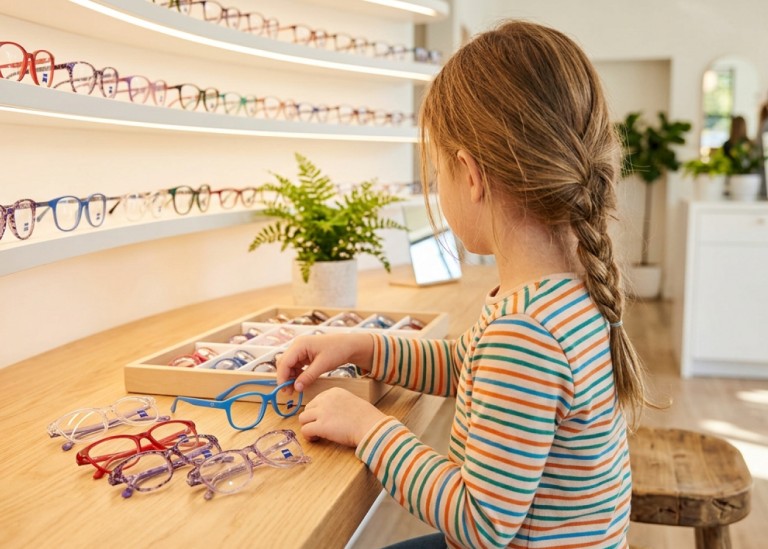 Bambina che sceglie occhiali da vista colorati all'interno del centro Ottica AP Film a Catanzaro Lido e Mesoraca.