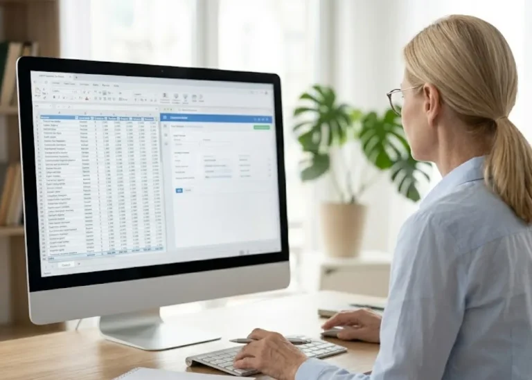 Persona seduta alla scrivania con postura ergonomica che lavora al PC, indossando lenti da ufficio AP Film Ottica per un comfort visivo ottimale tra 0.5 e 4 metri.
